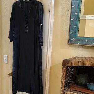 Francesca Bettini Navy Blue Linen Midi Dress-Medium-3/4 Sleeves-Made In Italy 🇮🇹